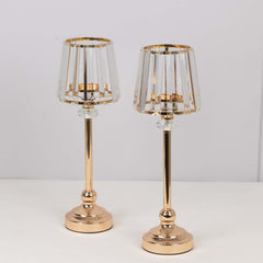 2-Pack 15" Crystal Pendant Candle Holders - Classic Empire Lamp Shade Style in Gold, Votive Candle Stand For Table Centerpieces