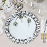 2-Pack Glass Mirror Round Charger Plates 13" in Silver with Jeweled Rim - Premium Decorative Dinner Party Charger Tableware