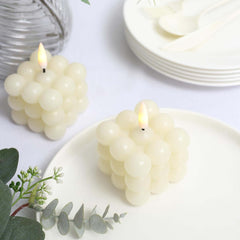 2-Pack LED Flameless Cube Candles Flickering Warm White Ivory - Battery Operated Bubble Design 2"