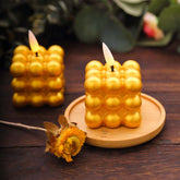 2-Pack LED Flameless Cube Candles Mini Bubble Metallic Gold - Battery Operated 2"