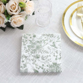 20-Pack Paper Cocktail Napkins with French Toile Print White/Sage Green - Disposable 2 Ply Beverage Napkins for Events 6.5"x6.5"