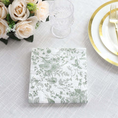 20-Pack Paper Cocktail Napkins with French Toile Print White/Sage Green - Disposable 2 Ply Beverage Napkins for Events 6.5"x6.5"