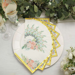 20-Pack Paper Cocktail Napkins with Pink Peony Floral Design and Gold Trim White - 2 Ply Wedding Beverage Napkins 18GSM