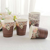 24-Pack Paper Cups 9oz Brown Wood Print with Floral Lace Rim - Chic Disposable Party Cups for Rustic Decor & Themed Parties