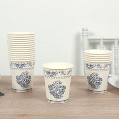 24 Pack Disposable Paper Cups in White Royal Blue Damask Floral Pattern, Elegant Party Cups - 9oz