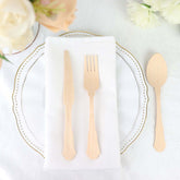 24-Pack Birchwood Utensils Set in Natural Vintage Baroque Design - Eco Friendly Biodegradable Wooden Forks, Spoons & Knives for Rustic Themes & Outdoor Parties