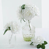 24 Roses 5" White Artificial Foam Flowers With Stem Wire and Leaves