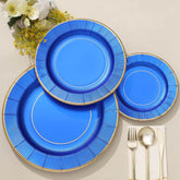 25-Pack Paper 10" Round Dinner Plates in Royal Blue Sunray Design with Gold Rim - Disposable Heavy Duty 350GSM Party Plates