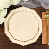 25-Pack Paper 7" Decagon Appetizer Plates in Beige with Gold Foil Rim