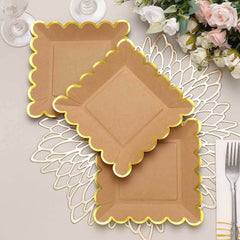 25-Pack Paper 7" Square Dessert Plates in Natural Brown with Gold Scalloped Rim - Disposable Salad Appetizer Party Plates for Stylish Outdoor Events & Boho Celebrations