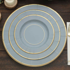 25-Pack Paper 8" Round Dessert Plates in Dusty Blue Sunray Design with Gold Rim - Disposable Heavy Duty 350GSM Appetizer Salad Plates