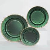 25-Pack Paper 8" Round Dessert Plates in Hunter Emerald Green Sunray Design with Gold Rim - Disposable Heavy Duty 350GSM Appetizer Salad Plates