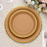 25-Pack Kraft Paper 8" Round Dessert Plates in Natural Brown with Gold Lined Rim - Disposable Salad Appetizer Plates for Rustic & Vintage Inspired Events