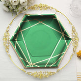 25-Pack Paper 9" Hexagon Dinner Plates in Hunter Emerald Green with Gold Geometric Lines & Rim - Stylish Disposable Geometric 300GSM Party Plates