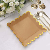 25-Pack Paper 9" Square Dinner Plates in Natural Brown with Gold Scalloped Rim - Disposable Party Plates for Rustic Gatherings & Chic Events