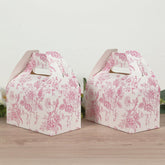 25 Pack Candy Treat Tote Boxes in French Toile Pattern - Matte Pink and White Party Favor Gable Boxes, Cardstock Paper - 6"x3.5"x7"