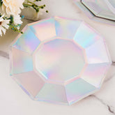 25-Pack Paper 9" Decagon Dinner Plates in Iridescent - Disposable Geometric Party Plates for Disco & Space Themed Events