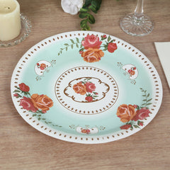 25-Pack Paper 9" Round Dinner Plates in Light Turquoise with Vintage Rose Flower Print