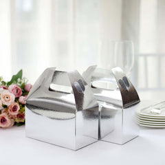 25 Pack Metallic Silver Candy Gift Tote Gable Boxes, Party Favor Treat Bags - 6"x3.5"x7"