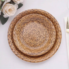 25-Pack Paper 7" Round Dessert Plates in Natural with Woven Rattan Print - Rustic Farmhouse Disposable 300GSM Appetizer Salad Plates for Indoor & Outdoor Gatherings