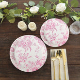 25-Pack Paper 9" Round Dinner Plates in White with Matte Pink French Toile Pattern - Disposable Floral Party Plates