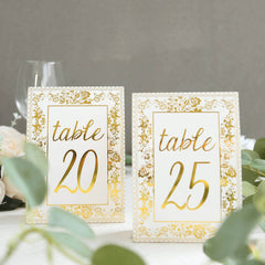 25-Pack Paper Wedding Table Numbers 1-25 White/Metallic Gold French Toile Design with Glam Gold Foil Numbers 7"
