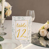 25-Pack Paper Wedding Table Numbers 1-25 White/Sage Green French Toile Design - Free Standing Double Sided Table Signs with Glam Gold Foil Numbers 7"