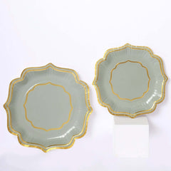 25-Pack Paper Dessert Plates in Sage Green with Gold Scallop Rim - Disposable 300GSM Appetizer Salad Plates 8"