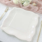25-Pack Paper 11" Square Dinner Plates in White with Vintage Pottery Embossed Design - Shiny Disposable Serving Plates