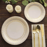 25-Pack Paper 9" Round Dinner Plates in White with Gold Basketweave Rim - Disposable Party Plates for Stylish Soirées & Festive Brunches