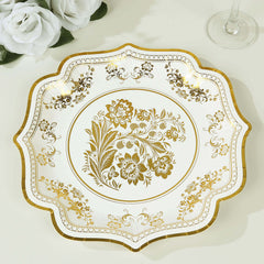 25-Pack Paper Dinner Plates in White Gold Damask Floral Print & Scallop Rim - Stylish Disposable 300GSM Floral Party Plates 10"