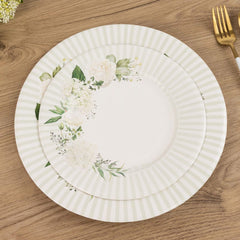 25-Pack Paper 8" Round Dessert Plates in White with Sage Green Floral Print & Lined Rim