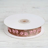 25 Yards 7/8" Chocolate Brown Pink Paw Print Satin Ribbon