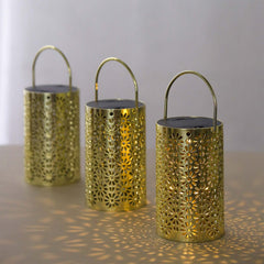 3-Pack LED Decorative Hanging Lanterns Flower Design Gold - Battery Operated Lights 3"x5"
