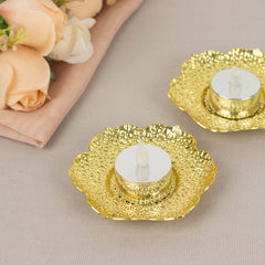 3-Pack Metal Votive Candle Holders Plum Blossom Design Shiny Gold - Vintage Mini Tea Cup Saucers 4"