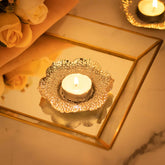 3-Pack Metal Votive Candle Holders Plum Blossom Design Shiny Silver - Vintage Mini Tea Cup Saucers 4"