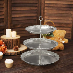 3-Tier Plastic Round Cupcake Stand 15" Metallic Silver with Lace Scalloped Edges
