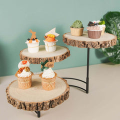 3-Tier Wooden Cheese Board Stand Half Moon Wood Slice Design - Rustic Cupcake Centerpiece 12" Tall