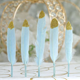 30-Pack Turkey Feathers Craft Feathers Glitter Gold Tip Light Blue - Decorative Feathers for DIY Party Projects