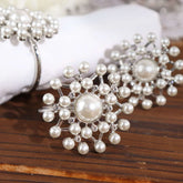 4 Pack Pearl And Diamond Rhinestone Silver Metal Napkin Rings, Decorative Napkin Buckle Holders