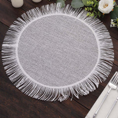 4-Pack Placemats Fringe Edge Design White Jute Round - Rustic Boho Chic Burlap Table Decor 16"
