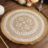 4-Pack Placemats Fringe Print Design Natural Jute and White Round - Rustic Burlap Woven Style 15"