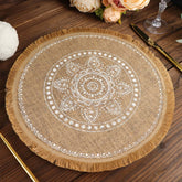 4-Pack Placemats White Embroidery Print Design Natural Jute Fringe Round - Rustic Burlap Woven Style 15"