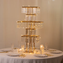 40" Crystal Pendant Table Centerpiece in 5-Tier Gold, Square Flower Stand Metal Vase Chandelier with Hanging Crystals