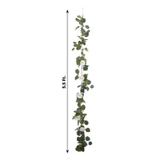 5.5ft Artificial Eucalyptus Leaf Hanging Vines With 7 White Rose Flower Heads, Floral Greenery Table Garland