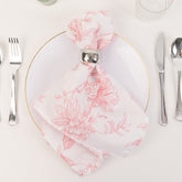 5 Pack Polyester 20"x20" Dinner Napkins White with Pink French Toile Pattern - Reusable Floral Cloth Napkins