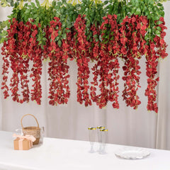 5 Pack 44" Silk Hanging Wisteria Flower Garland Vines in Burgundy, 3 Strands in 1 Bush