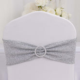 5 Pack Chair Sashes Shimmer Tinsel Spandex 5"x12" with Silver Rhinestone Buckles Silver - Stylish Decor for Weddings