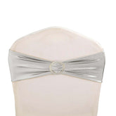 5 Pack Metallic Spandex Chair Sashes Silver - Stretch Fit Chair Bands With Round Diamond Buckles