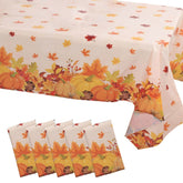 5-Pack Plastic Tablecloths Orange Thanksgiving Rectangle with Fall Leaves Pumpkin Print - Festive PVC Disposable Table Covers 54"x108"